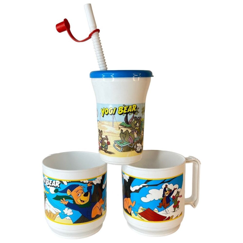 1993 Arbys Yogi Bear Promo Plastic Mug Cup Cindy Boo Boo Ranger Smith Set Of 3